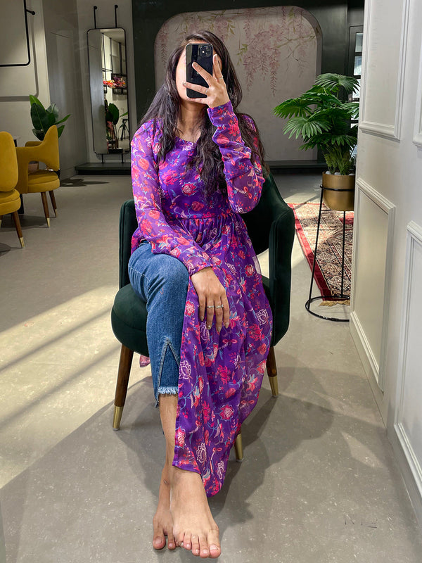 Purple Color Floral Printed Georgette Material Naira Cut Kurti Clothsvilla