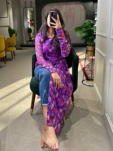 Purple Color Floral Printed Georgette Material Naira Cut Kurti Clothsvilla