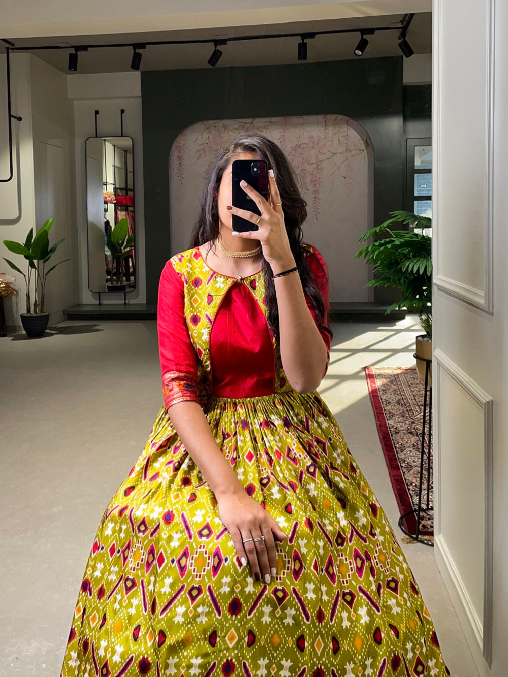 Mehendi Color Patola Paithani Printed And Foil Printed Silk Gown Clothsvilla