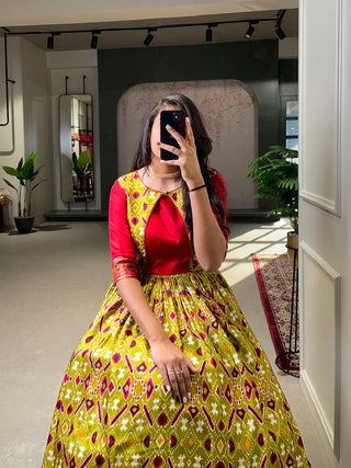 Mehendi Color Patola Paithani Printed And Foil Printed Silk Gown Clothsvilla