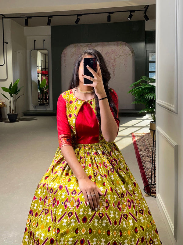 Mehendi Color Patola Paithani Printed And Foil Printed Silk Gown Clothsvilla