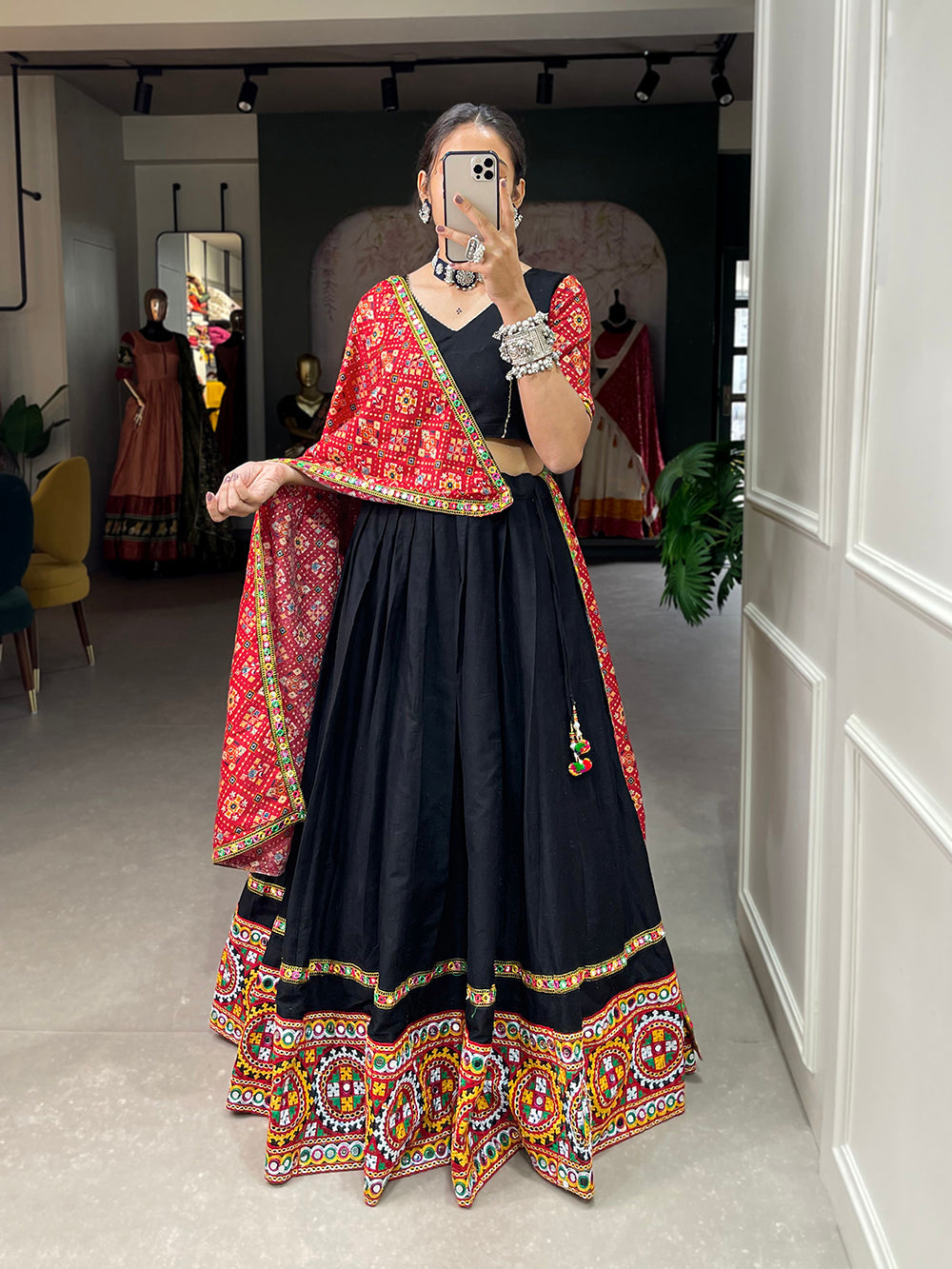 Black Color Gamthi Work With Mirror Work Cotton Chaniya Choli ClothsVilla.com