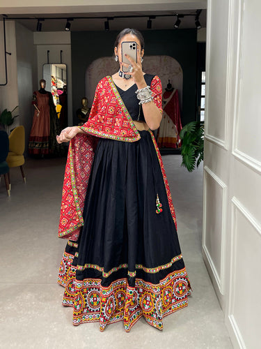 Black Color Gamthi Work With Mirror Work Cotton Chaniya Choli ClothsVilla.com