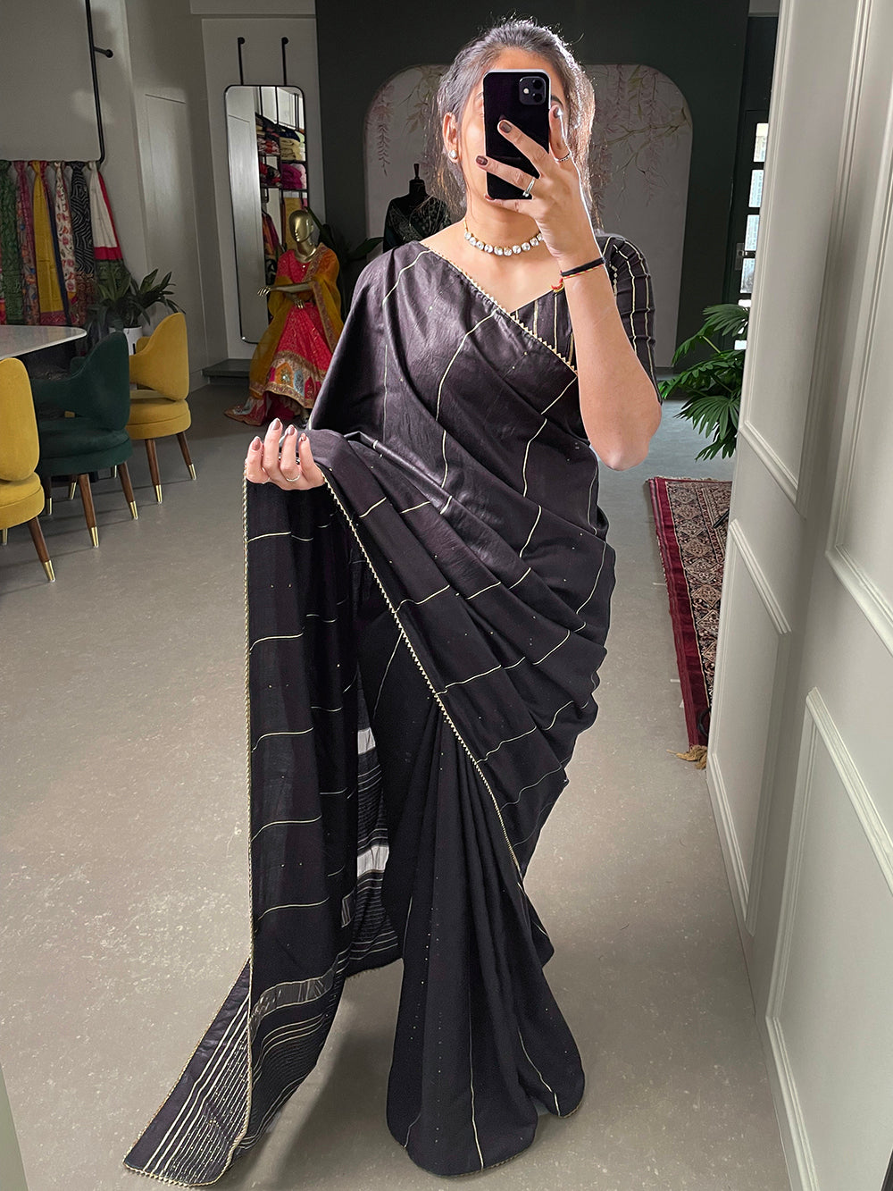 Black Sequins And Zari Work Viscose Chanderi Saree Clothsvilla