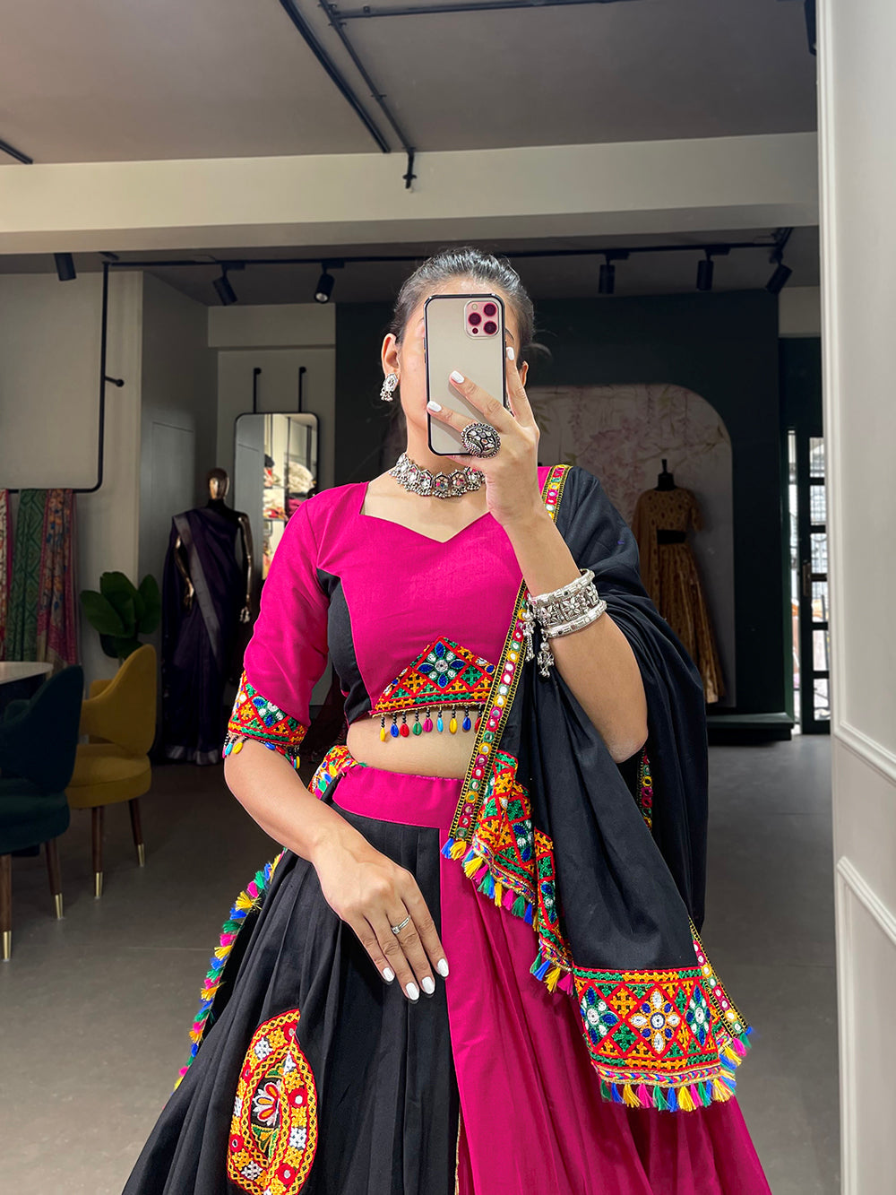 Pink Color Gamthi Work And Paper Mirror Work Cotton Chaniya Choli ClothsVilla