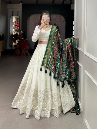 White Color Lucknowi Paper Mirror Work Georgette lehenga Choli ClothsVilla.com