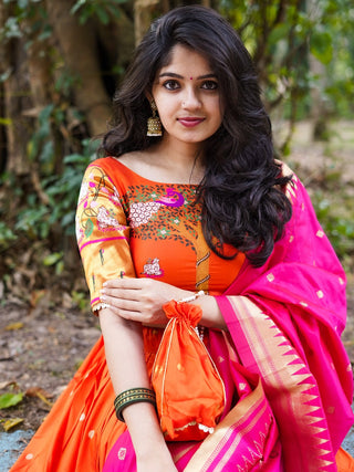 Orange Color Weaving Zari Work Silk Paithani Lehenga Choli Clothsvilla