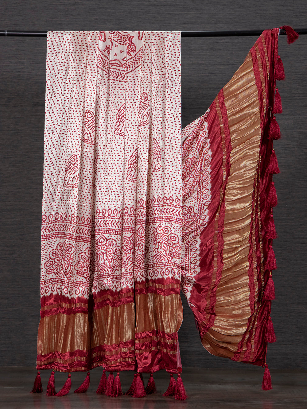 Off White Color Pure Gaji Silk Bandhani Printed Dupatta With Tassels Clothsvilla