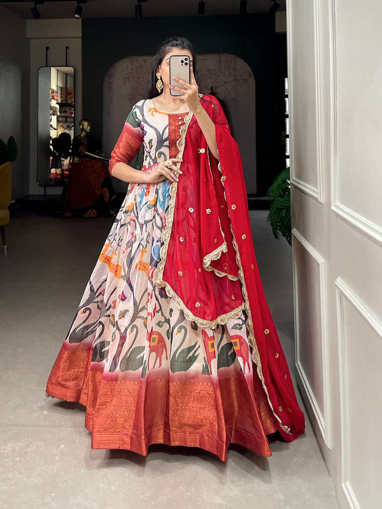 Off White Color Printed With Weaving Work Patta Soft Chanderi  Dress Clothsvilla