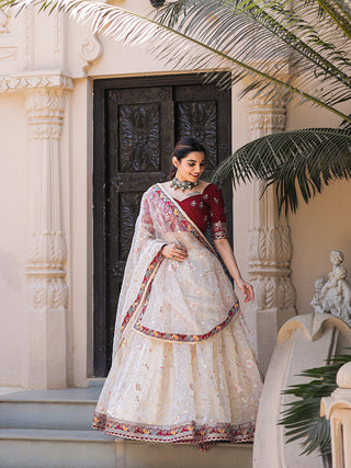 Off White Color Thread Embroidery Work With Lace Border Organza Lehenga Choli ClothsVilla.com