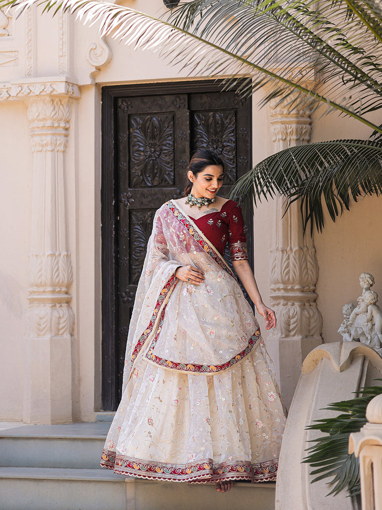 off white color embroidery lehenga choli by looknbook