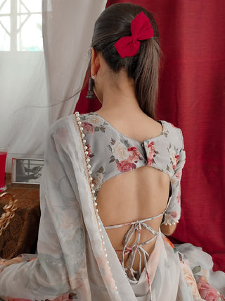 Off White Color Printed With Pearl Lace Border Georgette Saree Clothsvilla