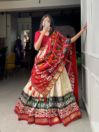 Off White Color Haydrabad Patola Print With Foil Work Tussar Silk Lehenga Choli ClothsVilla