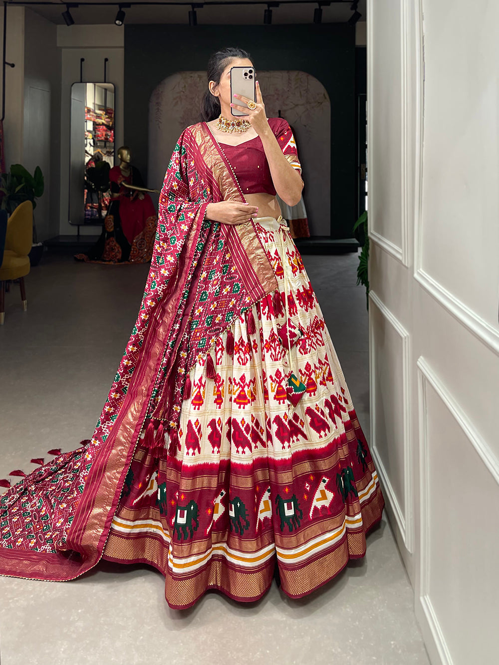 Off White Color Patola Printed With Foil Work Tussar Silk Lehenga Choli ClothsVilla