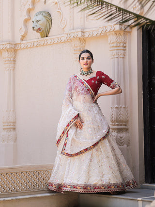 Off White Color Thread Embroidery Work With Lace Border Organza Lehenga Choli ClothsVilla.com
