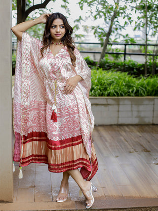Off-White Color Digital Bandhej Printed Pure Gaji Silk Kaftan Clothsvilla