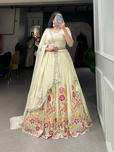 Off White Color Sequins And Embroidery With Original Mirror Work Georgette Lehenga Choli Clothsvilla