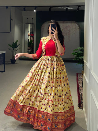 Off White Color Patola Paithani Printed And Foil Printed Silk Gown Clothsvilla