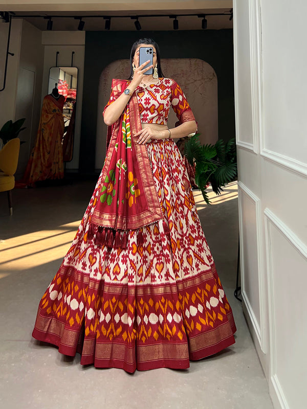 Off White Color Patola Print With Foil Work Tussar Silk Lehnga Choli Clothsvilla