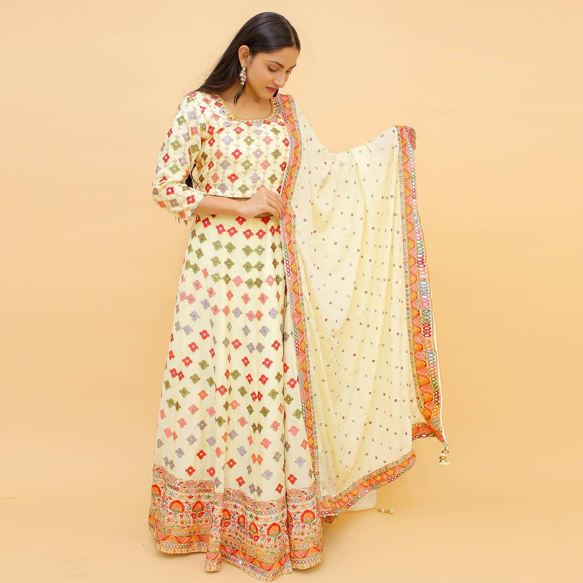 Off-White Embroidered With Embellished Chiffon Lehenga Choli Clothsvilla Main image