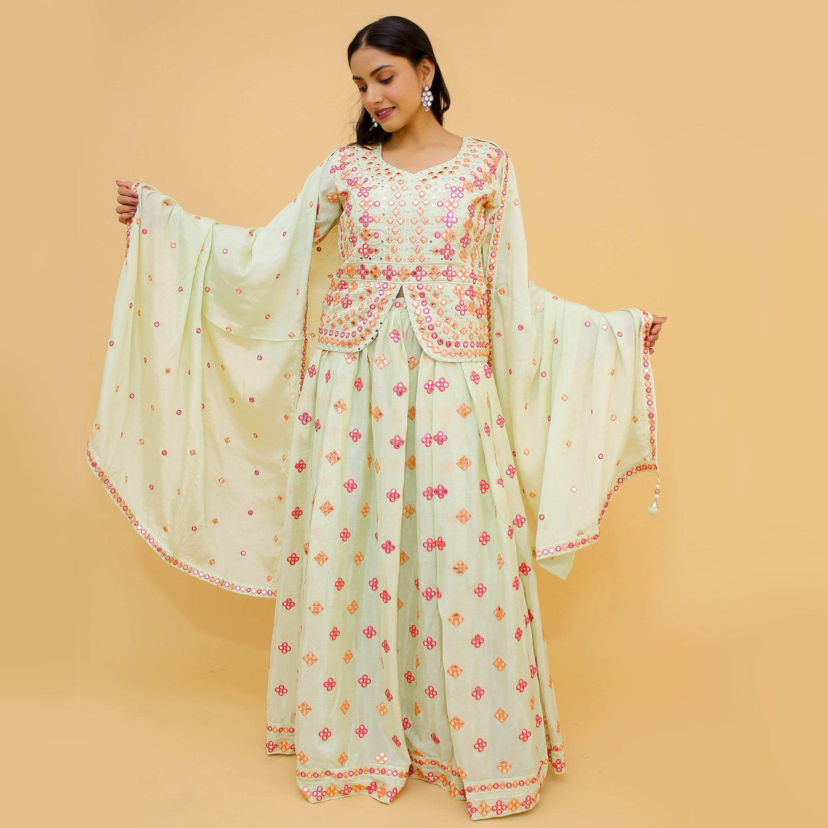Off-White Embroidered With Embellished Chiffon Lehenga Kameez Clothsvilla Main image