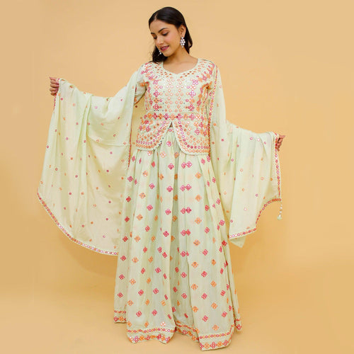 Off-White Embroidered With Embellished Chiffon Lehenga Kameez Clothsvilla