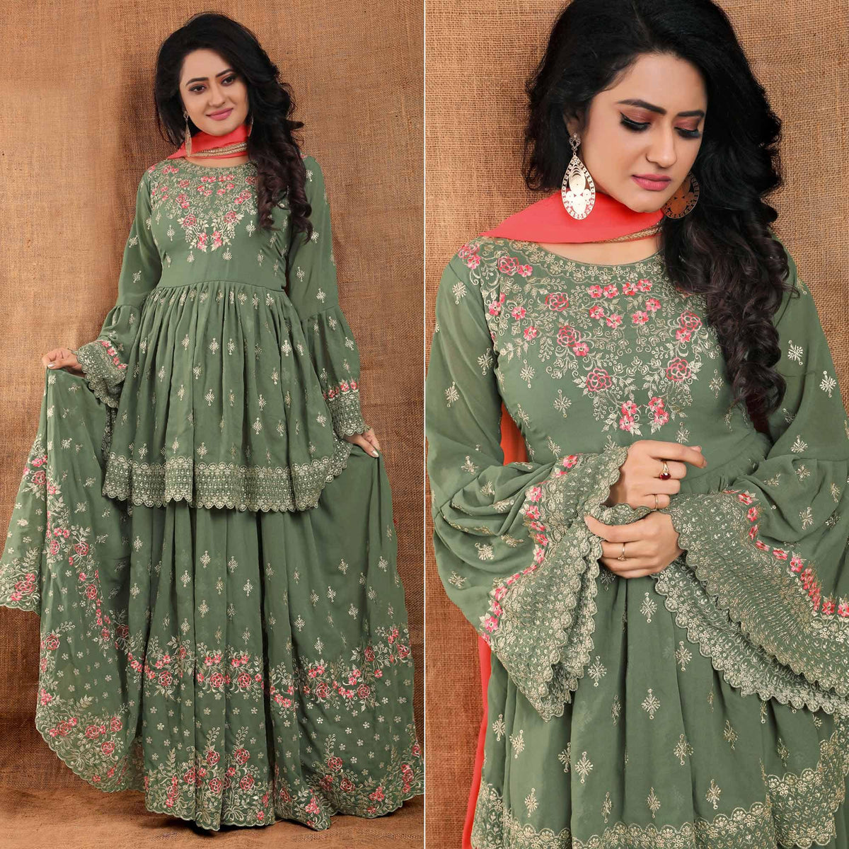 Olive Green Partywear Thread Floral Embroidered Georgette Sharara Suit Clothsvilla