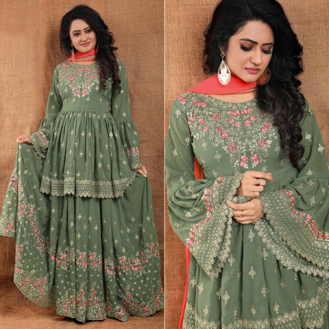 Olive Green Partywear Thread Floral Embroidered Georgette Sharara Suit Clothsvilla Main image