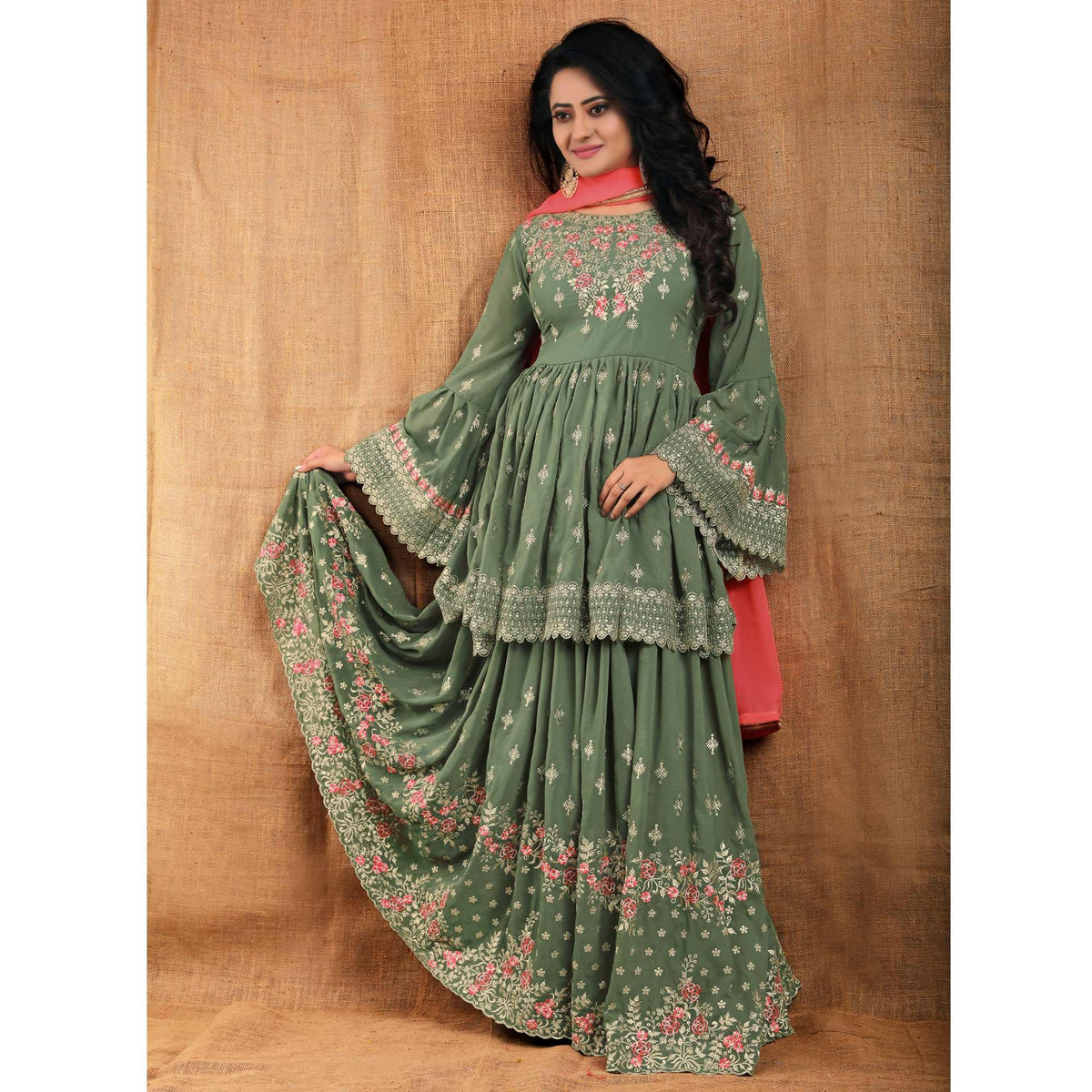 Olive Green Partywear Thread Floral Embroidered Georgette Sharara Suit Clothsvilla