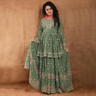 Olive Green Partywear Thread Floral Embroidered Georgette Sharara Suit Clothsvilla