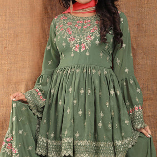 Olive Green Partywear Thread Floral Embroidered Georgette Sharara Suit Clothsvilla