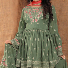 Load image into Gallery viewer, Olive Green Partywear Thread Floral Embroidered Georgette Sharara Suit Clothsvilla