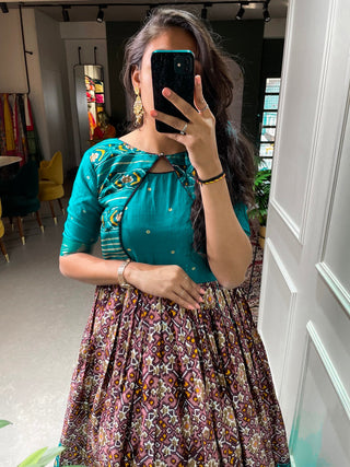 Wine Color Patola Paithani Printed And Foil Printed Dola Silk Gown Clothsvilla