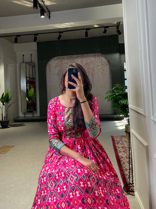 Pink Color Patola Paithani Printed And Foil Printed Silk Gown Clothsvilla