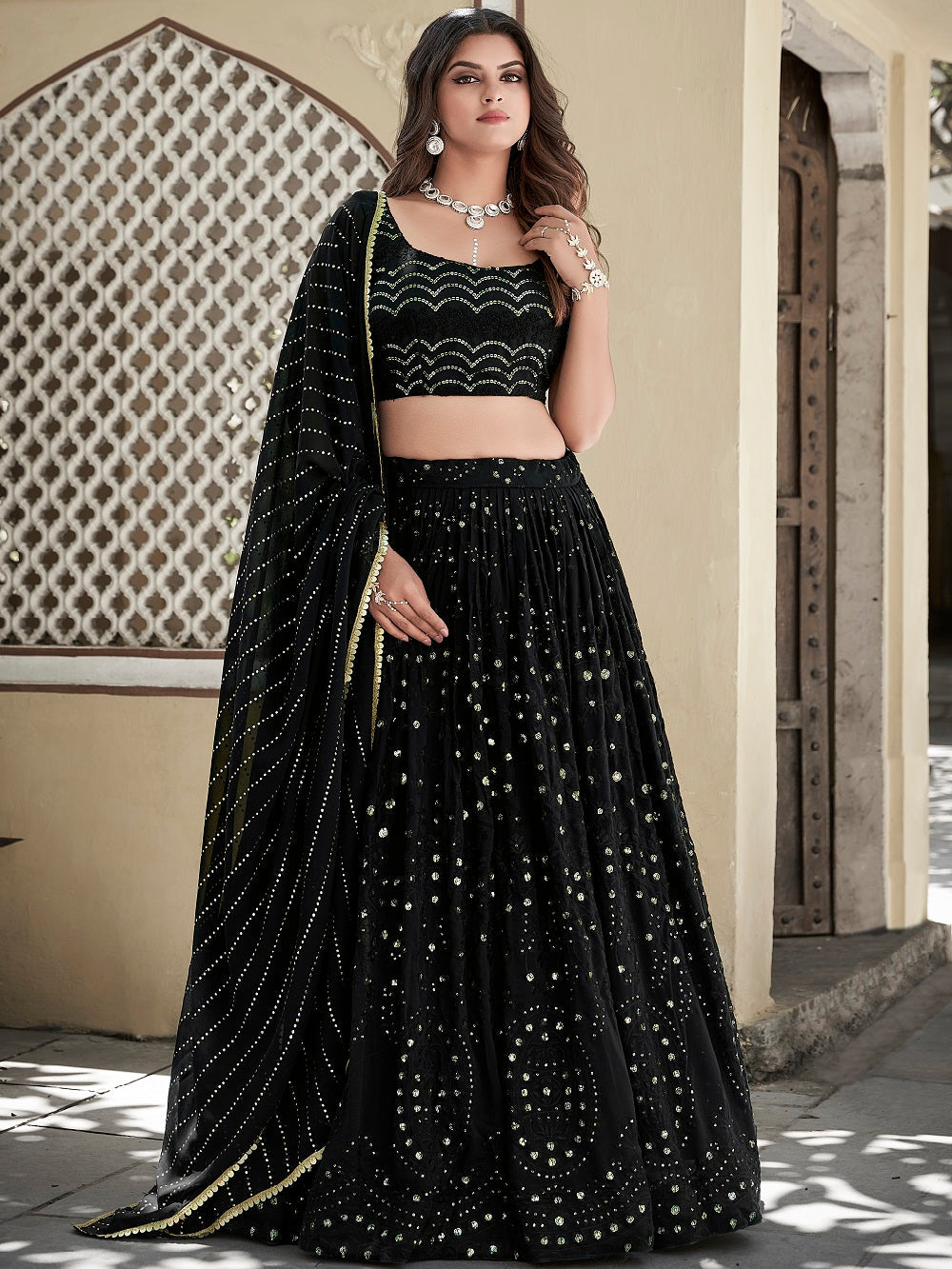 Black Color Lucknowi Thread & Sequins Embroidery Work Georgette Lehenga Choli ClothsVilla.com