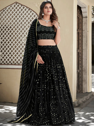 Black Color Lucknowi Thread & Sequins Embroidery Work Georgette Lehenga Choli ClothsVilla.com