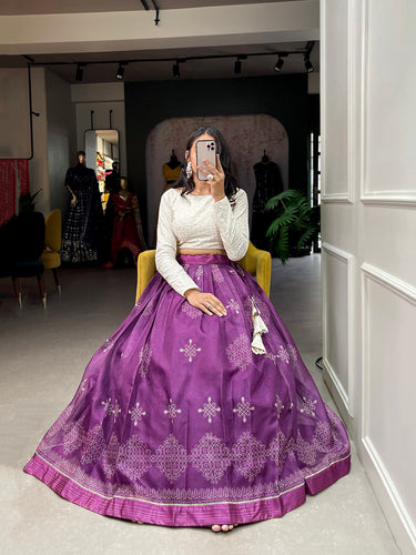 Purple Color Digital Print Cora Chex Zari Border Co-Ord Set Lehenga Choli ClothsVilla.com