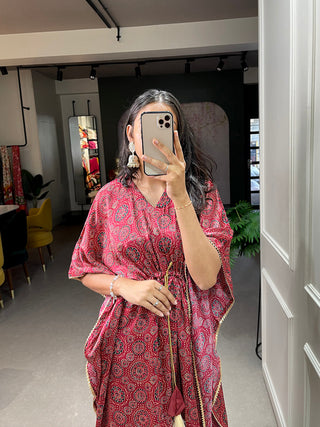 Maroon Color Digital Print With Gotta Patti Lace Border Gaji Silk Kaftan ClothsVilla.com