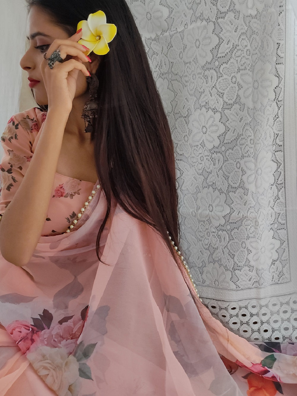 Peach Color Printed With Pearl Lace Border Georgette Saree Clothsvilla