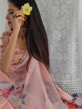 Peach Color Printed With Pearl Lace Border Georgette Saree Clothsvilla