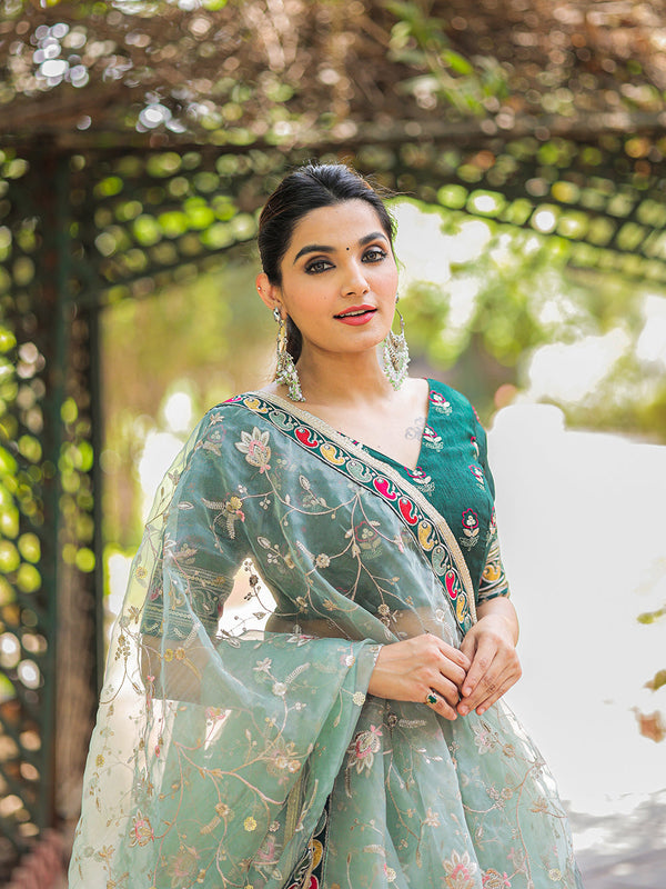 Pista Color Thread Embroidery Work With Lace Border Organza Lehenga Choli ClothsVilla.com