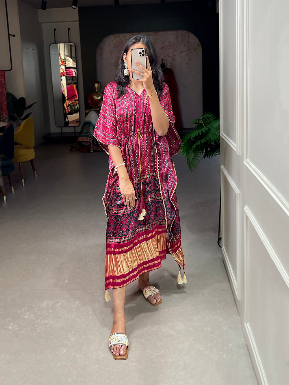 Maroon Color Digital Printed Gaji Silk Kaftan ClothsVilla.com