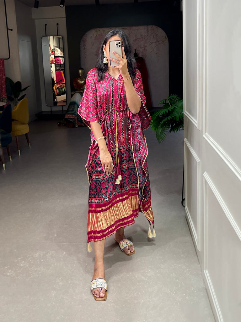 Maroon Color Digital Printed Gaji Silk Kaftan ClothsVilla.com