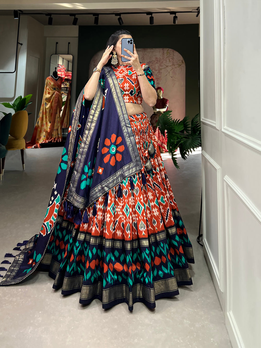 Orange Color Patola Print With Foil Work Tussar Silk Lehnga Choli Clothsvilla