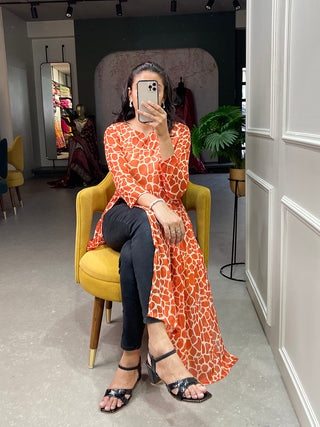 Orange Color Animal Print Chiffon Kurti Clothsvilla