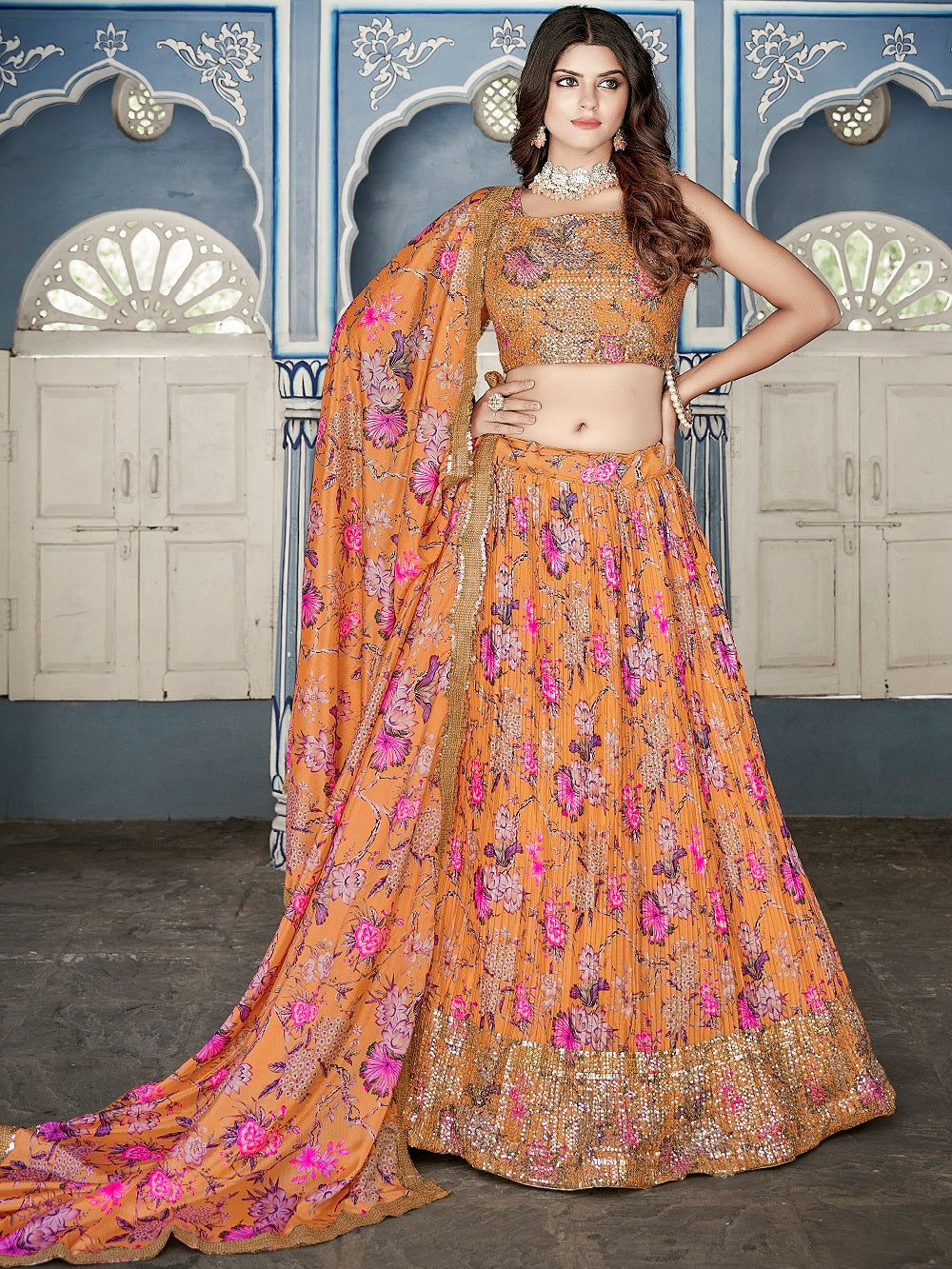Orange Color Digital Print With Sequins Embroidery Work Crushed Chinon Lehenga Choli ClothsVilla.com