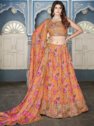Orange Color Digital Print With Sequins Embroidery Work Crushed Chinon Lehenga Choli ClothsVilla.com