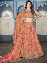 Load image into Gallery viewer, Orange Color Digital Print With Sequins Embroidery Work Crushed Chinon Lehenga Choli ClothsVilla.com