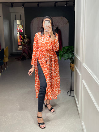 Orange Color Animal Print Chiffon Kurti Clothsvilla