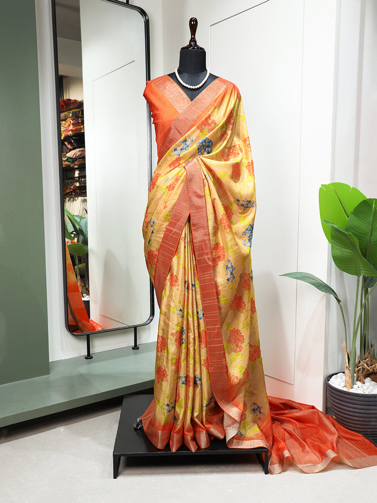 Orange Color Digital Printed Handloom Kotha Border Saree Clothsvilla